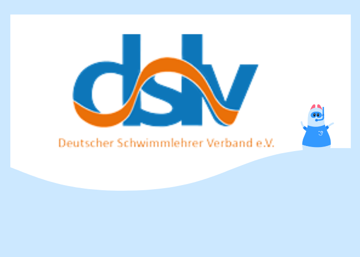 "DSV" – Der Partner unserer Schwimmschule Das Logo des DSV (Deutscher Schwimmverband) mit blau-orangener Schrift. Im Hintergrund ist unser Maskottchen Bobo Boje.