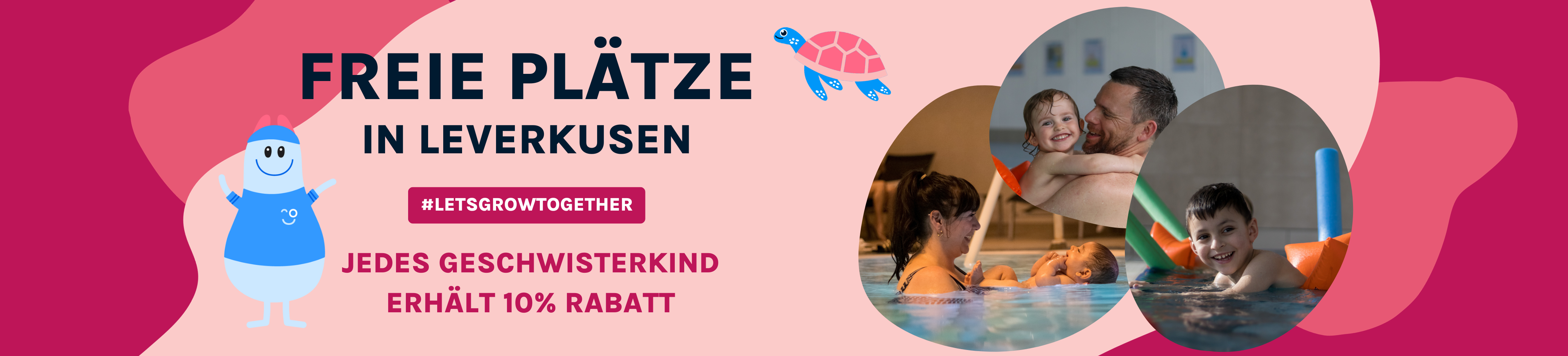 rosa Banner mit Bilder von Schwimmkursen und dem Slogan Freie Plätze in Leverkusen