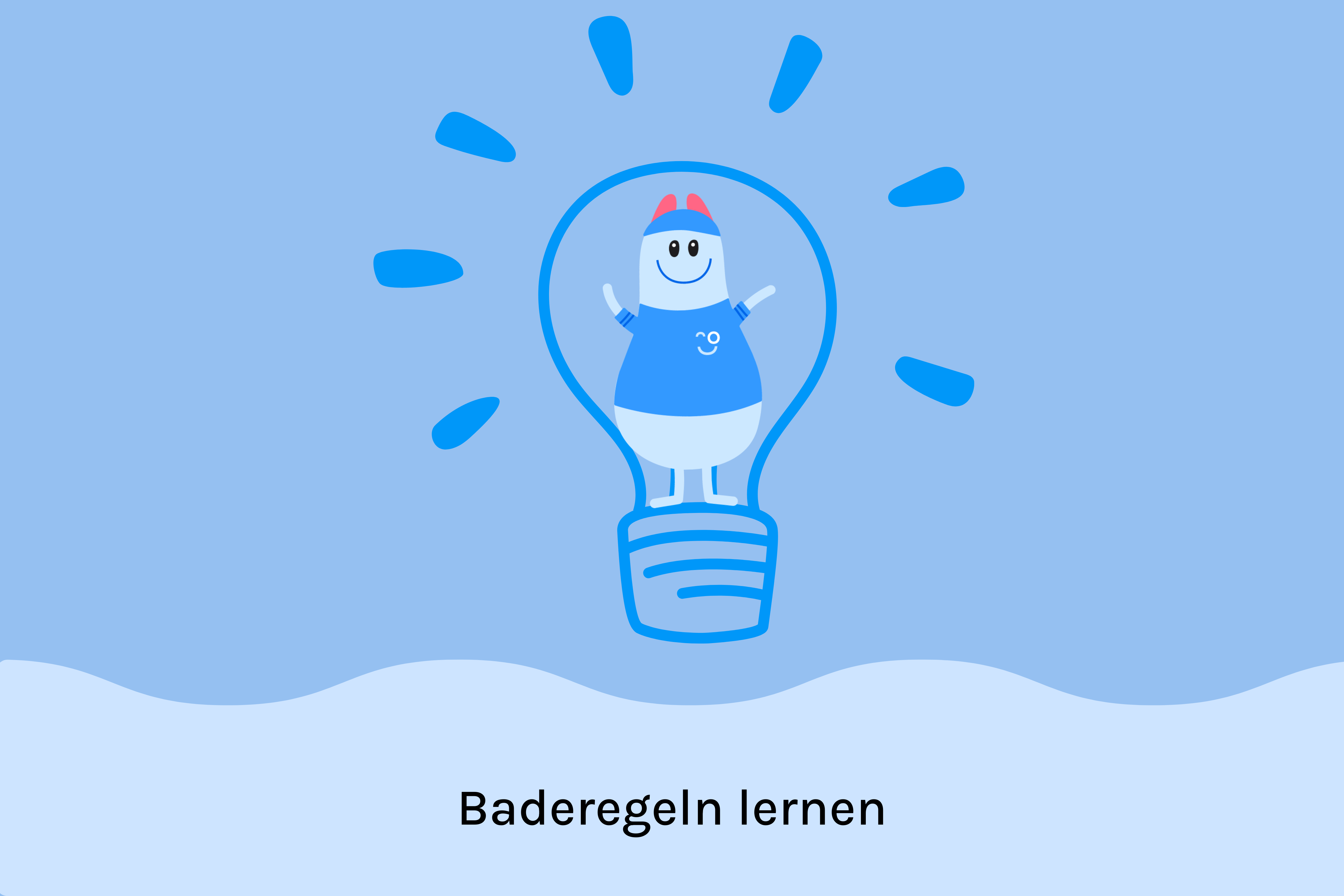 Baderegeln lernen hellblaues Bild mit Bobo Boje in einer Glühbirne