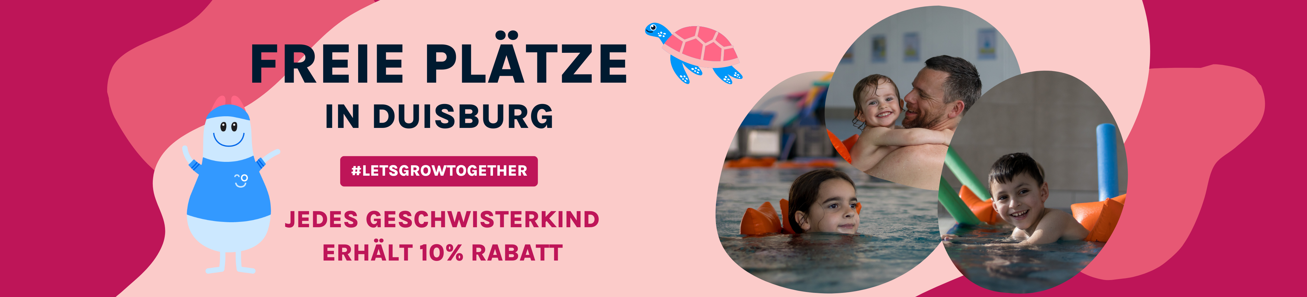 rosa Banner mit Bilder von Schwimmkursen und dem Slogan Freie Plätze in Leverkusen
