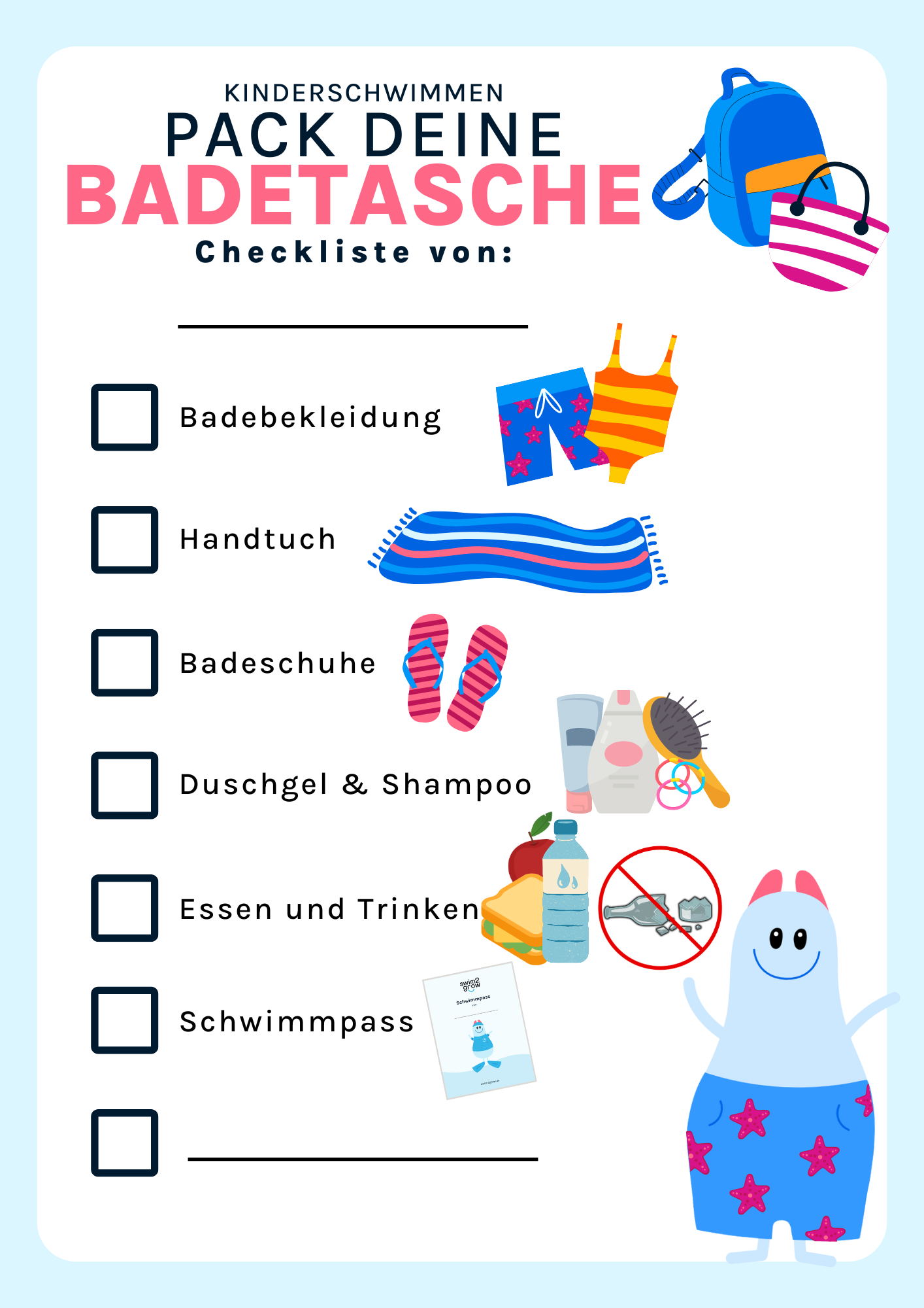 Packe deine Tasche für das Babyschwimmen