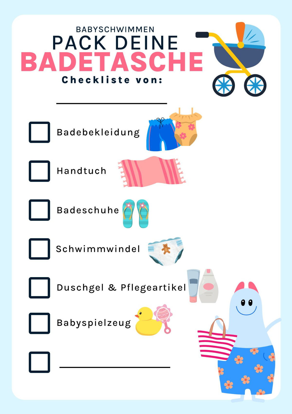 Los geht's, wir bereiten unsere Tasche für das Babyschwimmen vor