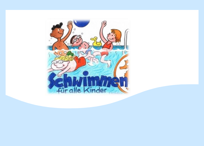 "Schwimmen für alle Kinder"– Der Partner unserer Schwimmschule Ein grafisches Bild, in dem vier Kinder im Wasser sind, schwimmen und Ball spielen