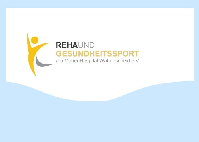 Das Logo des Reha- und Gesundheitssport am MarienHospital Wattenscheid e.V. ist aufgeführt in grau gelber Schrift mit einer gelben Figur, die nach oben springt