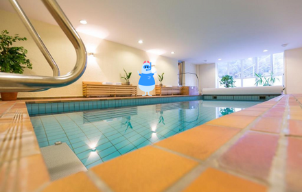 Sehr gemütlicher Raum mit einem Schwimmbecken und Holzbänken am Beckenrand