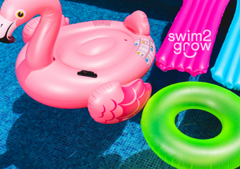 Schwimmabzeichen Seepferdchen Ein rosaner Flamingo-Tauchring, ein knallgrüner Tauchring sowie eine pinke und eine blaue Luftmatratze, die im Wasser eines Pools schwimmen.