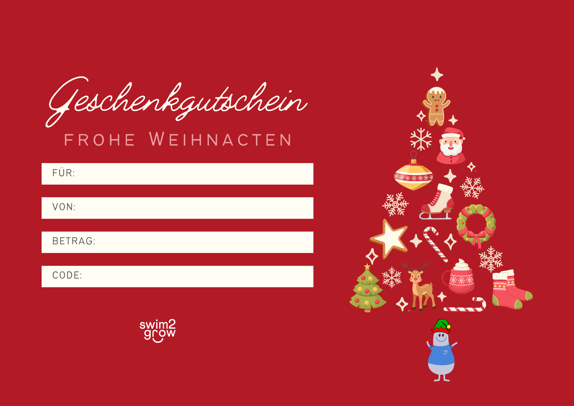 Gutschein: Frohe Weihnachten roter Gutshein mit einem Tannenbaum aus Weihnachtssymbolen