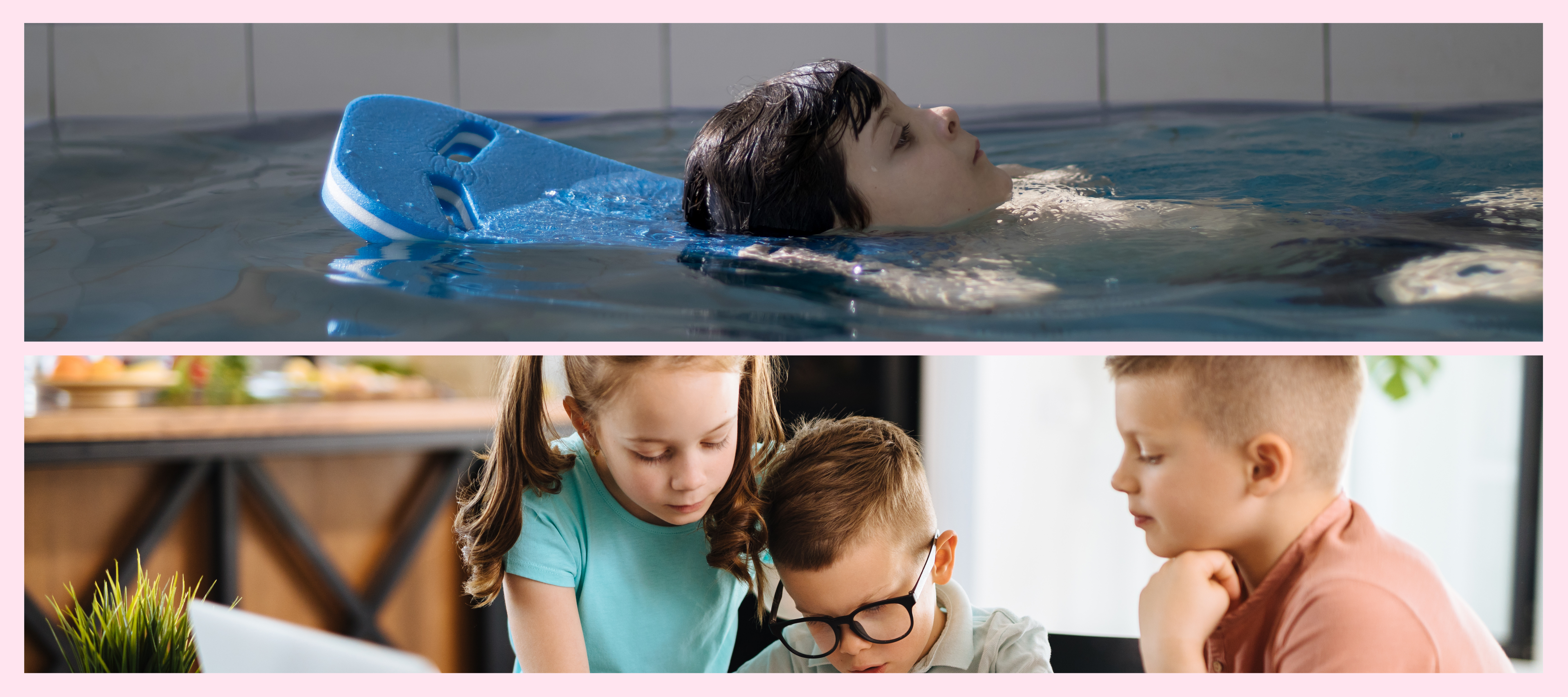 Collage mit zwei Bildern, oben ein Kind im Wasser und unten drei Kinder die lernen.